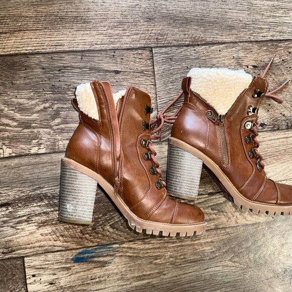 Women's Ankle Boots Brown Faux Leather Sherpa Tall Thick Heel Booties Size 7 - Picture 5 of 13